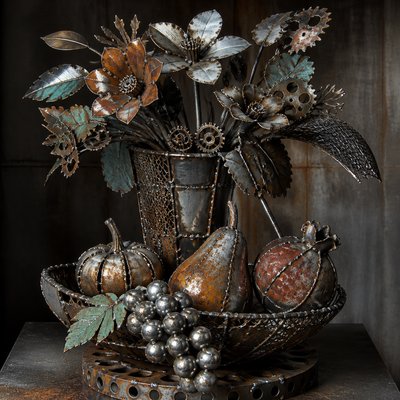 still life arrangement of fruits and flowers