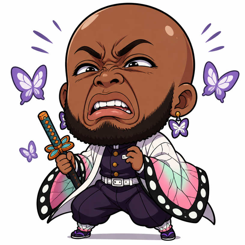 Shinobu kocho with no hair and a beard with ishowspeeds face cringed face