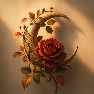 a rose entwined with a crescent moon, clean balanced composition on a plain background, no text