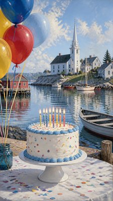 a birthday cake with lit candles surrounded by balloons and confetti, festive vertical composition, no text