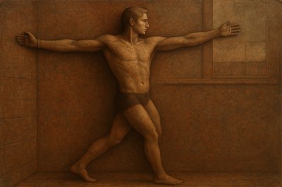 a painting of a man standing in a shower