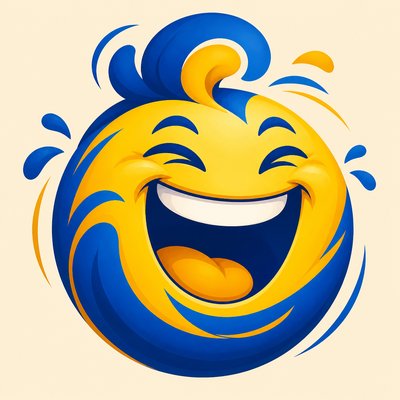 an exaggerated laughing face of an original round mascot character, bold and readable at small size, plain background, no text