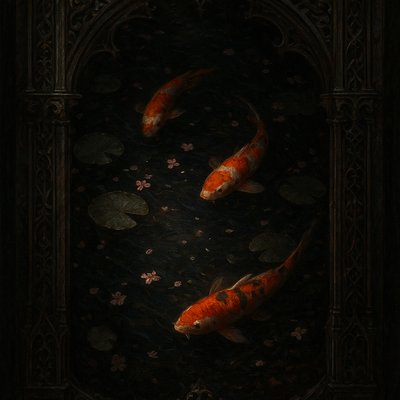 A koi pond seen from above, orange and white koi fish swimming among lily pads, clear water with subtle ripples, fallen cherry blossom petals floating on the surface, dappled sunlight