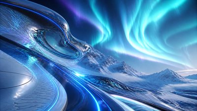a flowing aurora over snowy peaks, wide sweeping composition, no people, no text