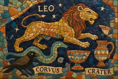 The constellation Leo the Lion with its decans, Hydra, the Raven and Crater, the cup poured out