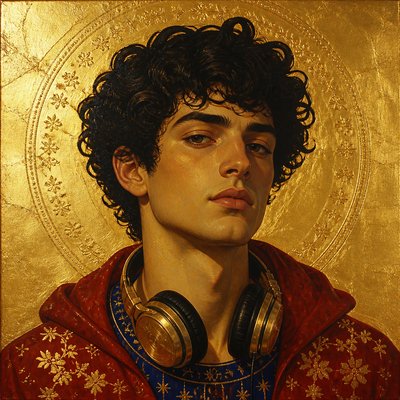 head-and-shoulders portrait of an original character: a young man with curly dark hair and headphones around his neck, plain backdrop, no text