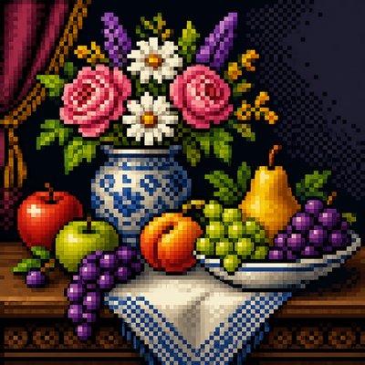 still life arrangement of fruits and flowers