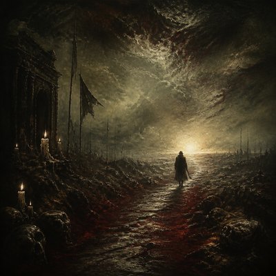 a solitary figure walking toward a glowing horizon across an empty plain, moody atmosphere, no text or lettering