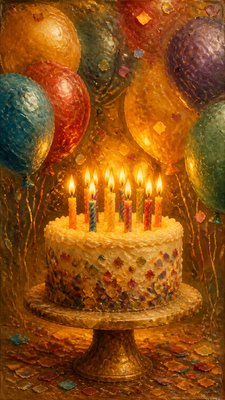 a birthday cake with lit candles surrounded by balloons and confetti, festive vertical composition, no text