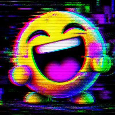 an exaggerated laughing face of an original round mascot character, bold and readable at small size, plain background, no text