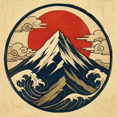 an emblem of a mountain peak inside a circle, simple bold shapes on a plain background, no text or lettering