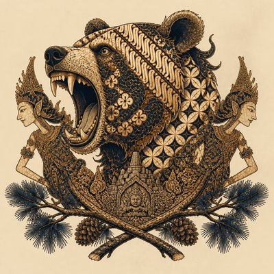 a roaring bear head above crossed pine branches, bold graphic composition on a plain background, no text