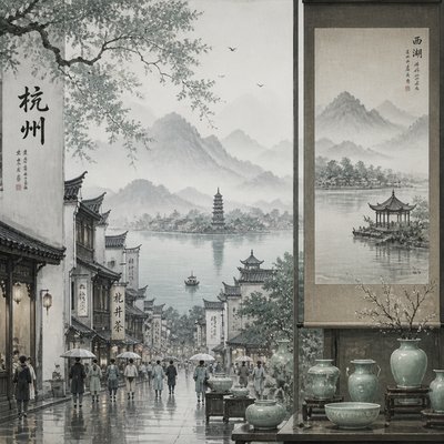 urban street with city activity — Hangzhou Art Style