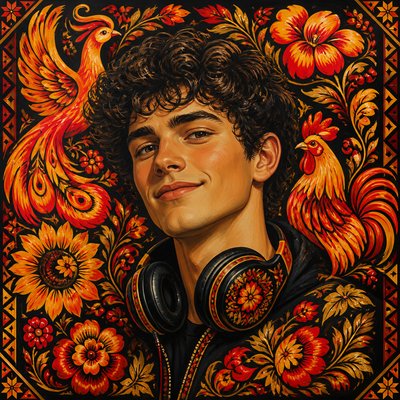 head-and-shoulders portrait of an original character: a young man with curly dark hair and headphones around his neck, plain backdrop, no text