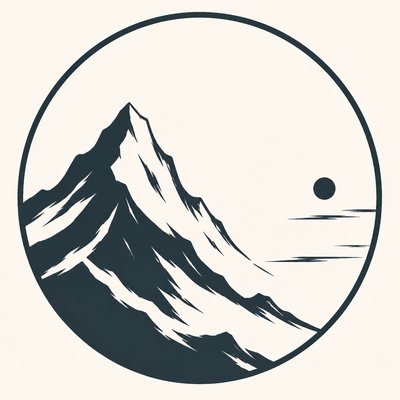 an emblem of a mountain peak inside a circle, simple bold shapes on a plain background, no text or lettering
