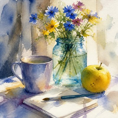 still life with everyday objects — Watercolor Portrait Art Style