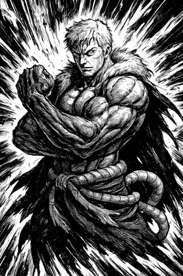 a black and white drawing of a man holding a snake