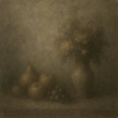 still life arrangement of fruits and flowers