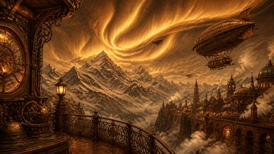 a flowing aurora over snowy peaks, wide sweeping composition, no people, no text