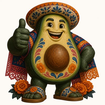 a happy avocado character giving a thumbs up, bold readable design on a plain background, no text