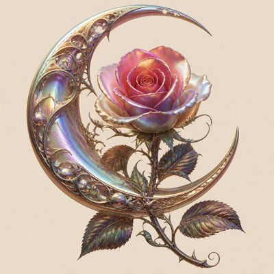 a rose entwined with a crescent moon, clean balanced composition on a plain background, no text