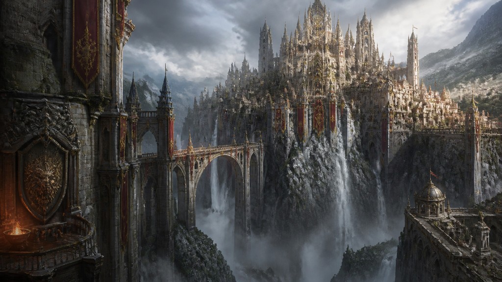 a cliffside city with waterfalls cascading into a misty canyon, wide establishing shot, no people, no text