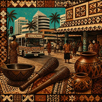 urban street with city activity — Fijian Art Style
