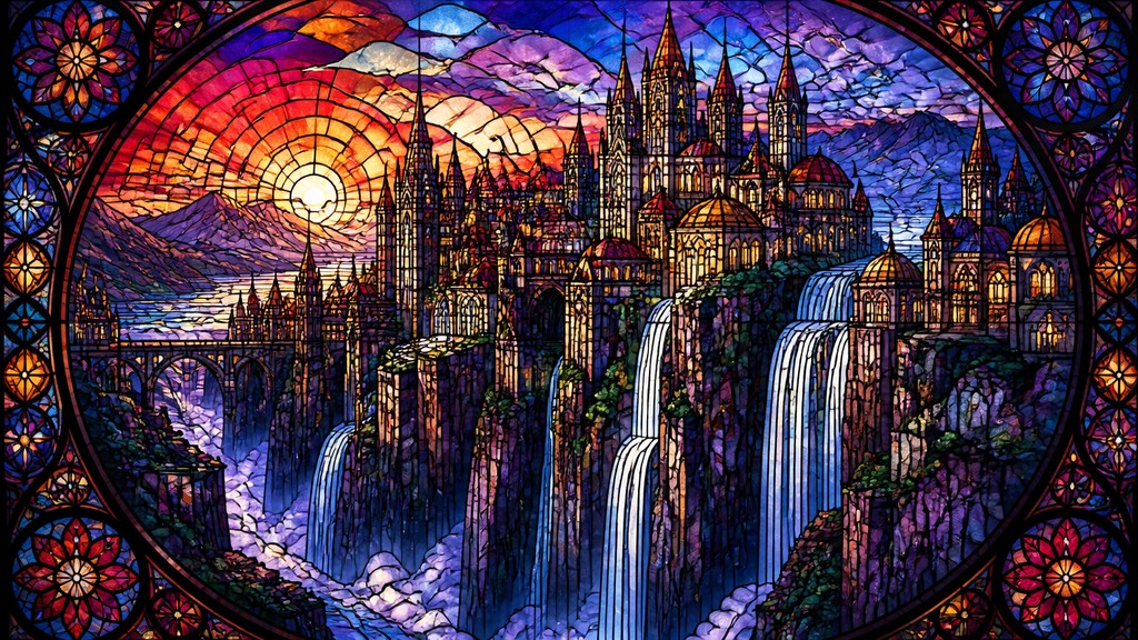 a cliffside city with waterfalls cascading into a misty canyon, wide establishing shot, no people, no text