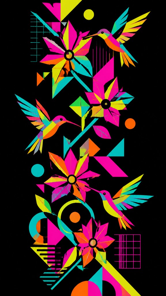 a climbing vine of flowers and hummingbirds on a dark background, tall wrapping composition, no text