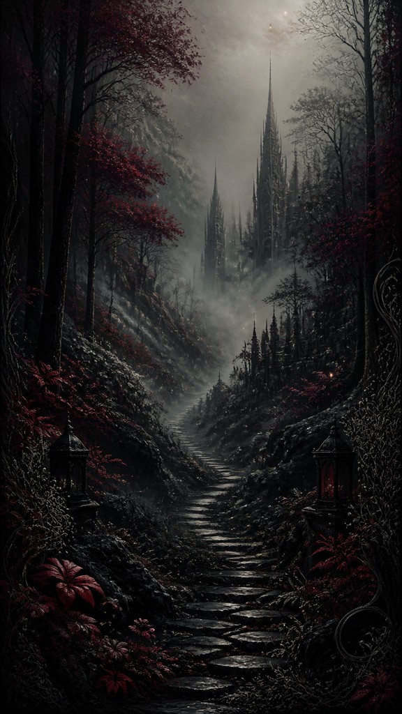 a mysterious forest path with fireflies and drifting mist, atmospheric vertical composition with open space at the top, no text