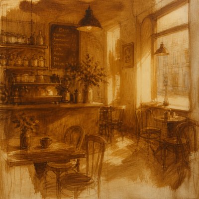 cozy cafe interior with warm lighting