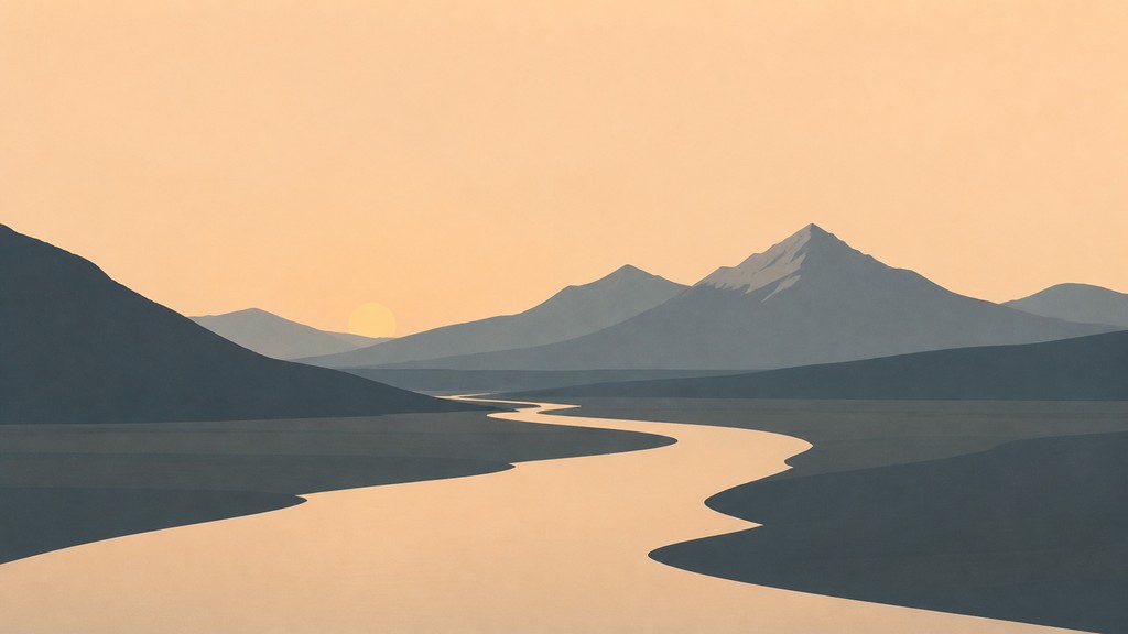 a vast valley with a river winding toward distant mountains at sunrise, no people, no text