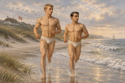 a painting of two men running on the beach