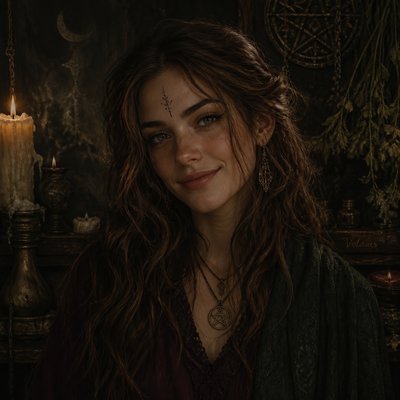 head-and-shoulders portrait of an original character: a young woman with wavy chestnut hair and a warm smile, plain soft backdrop