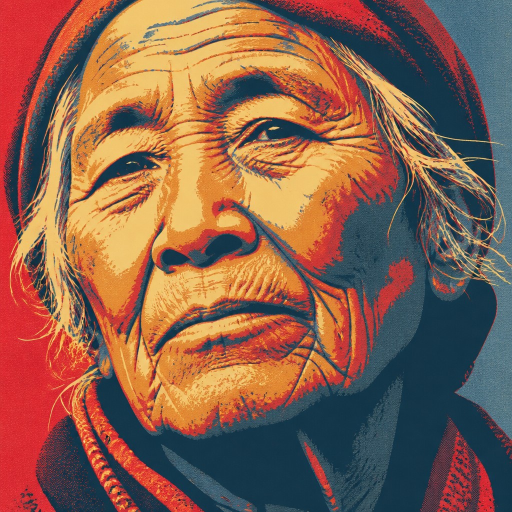 close-up portrait of an elderly person with expressive weathered features — Screen Print Style