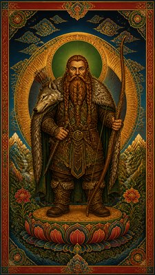 full-body original character: a dwarven ranger with a braided auburn beard, worn leather armor, a longbow and a wolf-pelt cloak, neutral background, no text
