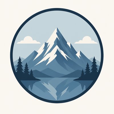 an emblem of a mountain peak inside a circle, simple bold shapes on a plain background, no text or lettering