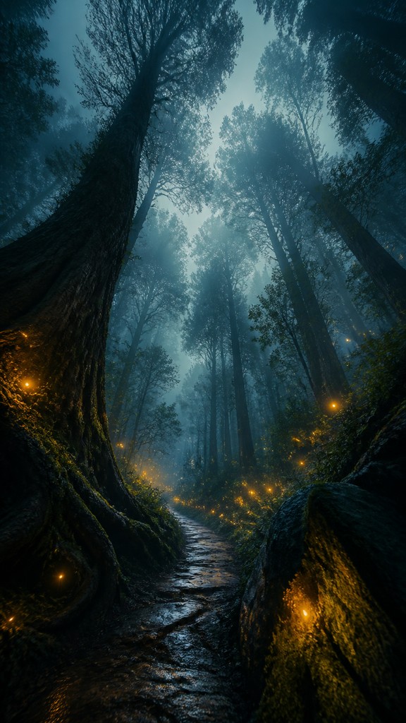 a mysterious forest path with fireflies and drifting mist, atmospheric vertical composition with open space at the top, no text