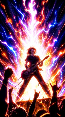 a live music scene with a glowing stage and silhouetted crowd, energetic vertical composition with open space at the top, no text