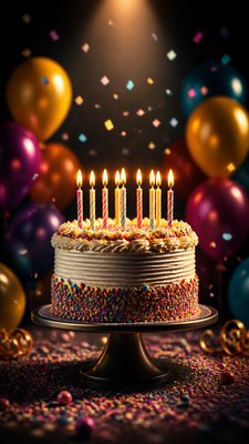 a birthday cake with lit candles surrounded by balloons and confetti, festive vertical composition, no text