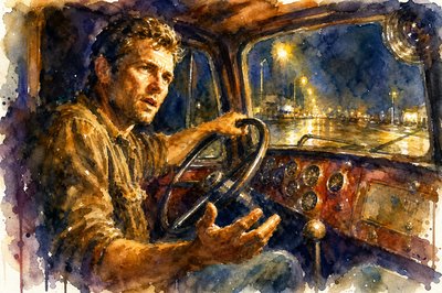 a painting of a man driving a car at night