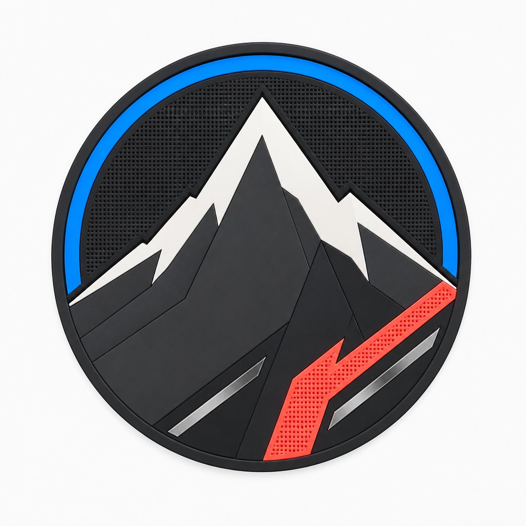 an emblem of a mountain peak inside a circle, simple bold shapes on a plain background, no text or lettering
