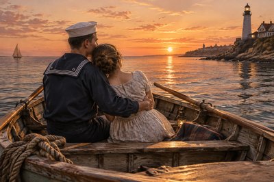 a  young sailor and his lovely wife in a rowing boat watch  the sun setting on the horizon