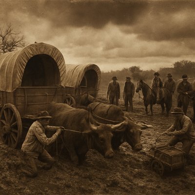 A highly realistic and historically accurate image set in the deep, waterlogged mud of the Texas Cross Timbers (Montague County) in 1840. The scene captures the frustrating moment when the Chihuahua Traders caravan is completely stuck.

Foreground focus is on several heavy, wooden Conestoga freight wagons, mired up to their axles in dark, thick mud. Exhausted oxen are straining and distressed, their drivers in rough frontier attire attempting to free the wheels with ropes and levers.

In the mid-ground, a small group of the American equestrian circus performers stands next to their distinctive, high-quality riding horses, which are visibly more refined than the typical pack animals. The performers are dressed in sturdy but distinct traveling clothes—perhaps featuring slightly tailored jackets or vests—rather than performance costumes, looking ill-equipped and frustrated by the muddy conditions. One performer is carefully securing a small, colorful carriage or cart containing unique circus props, struggling to keep it from sinking. The overall mood is one of miserable delay and hardship. Cloudy, oppressive sky; detailed realism; wide-angle shot; dark, moody lighting.