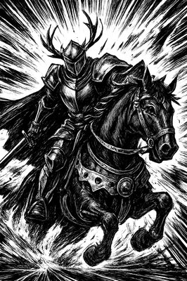 a black and white drawing of a knight on a horse