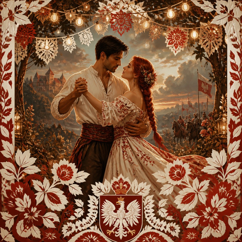 an original couple dancing under string lights in a garden at dusk: a man with short black hair in a linen shirt and a woman with braided red hair in a summer dress