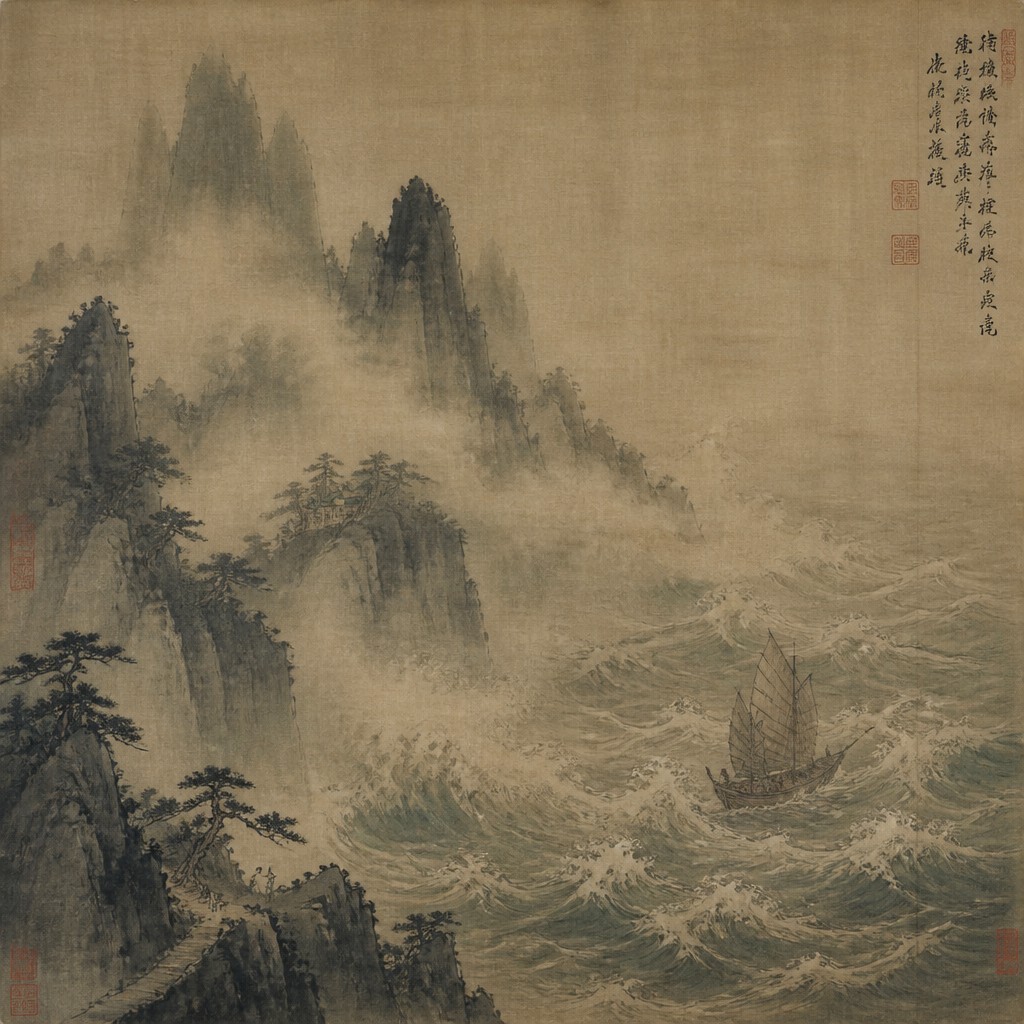 sailing ship on a stormy sea — Song Dynasty Ink Painting Style