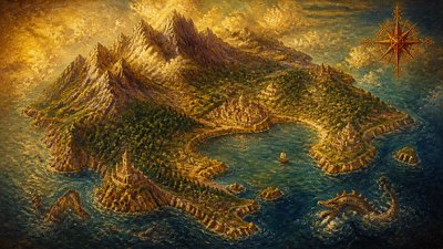 a map of an island realm with mountains, forests, a sheltered bay, sea monsters in the water and a compass rose, no text labels