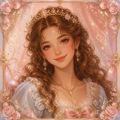 head-and-shoulders portrait of an original character: a young woman with wavy chestnut hair and a warm smile, plain soft backdrop