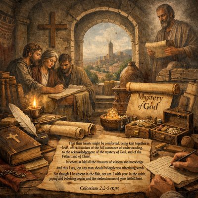 
Colossians 2:2-5 (KJV)
2 That their hearts might be comforted, being knit together in love, and unto all riches of the full assurance of understanding, to the acknowledgement of the mystery of God, and of the Father, and of Christ;
3 In whom are hid all the treasures of wisdom and knowledge.
4 And this I say, lest any man should beguile you with enticing words.
5 For though I be absent in the flesh, yet am I with you in the spirit, joying and beholding your order, and the stedfastness of your faith in Christ.
